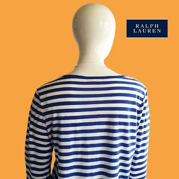 RALPH LAUREN Blue Label Striped Lime Pony V-Neck Long-Sleeve T-Shirt L - Picture 11 of 12